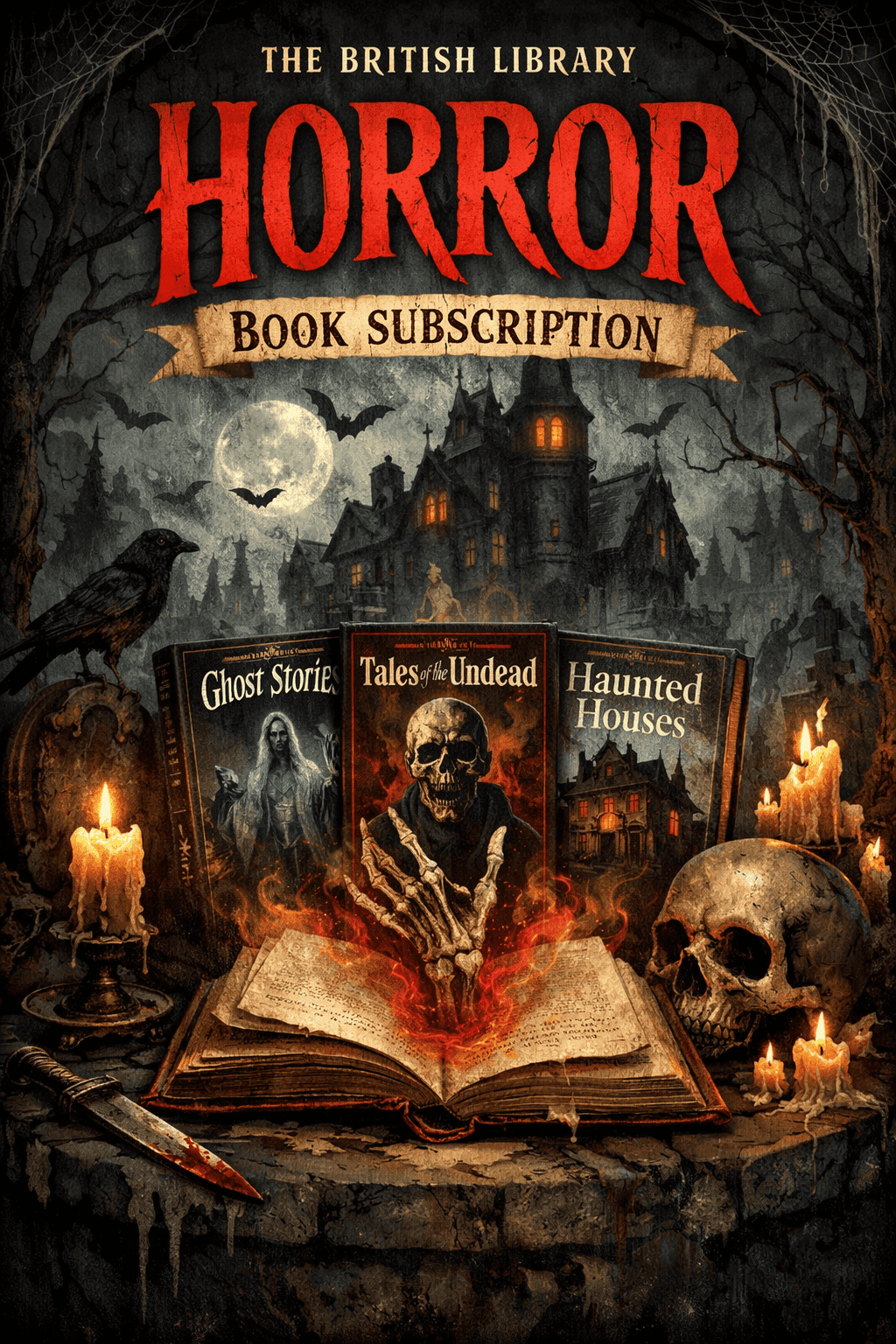 Horror book subscription with ghost stories, tales of the undead, and haunted houses.