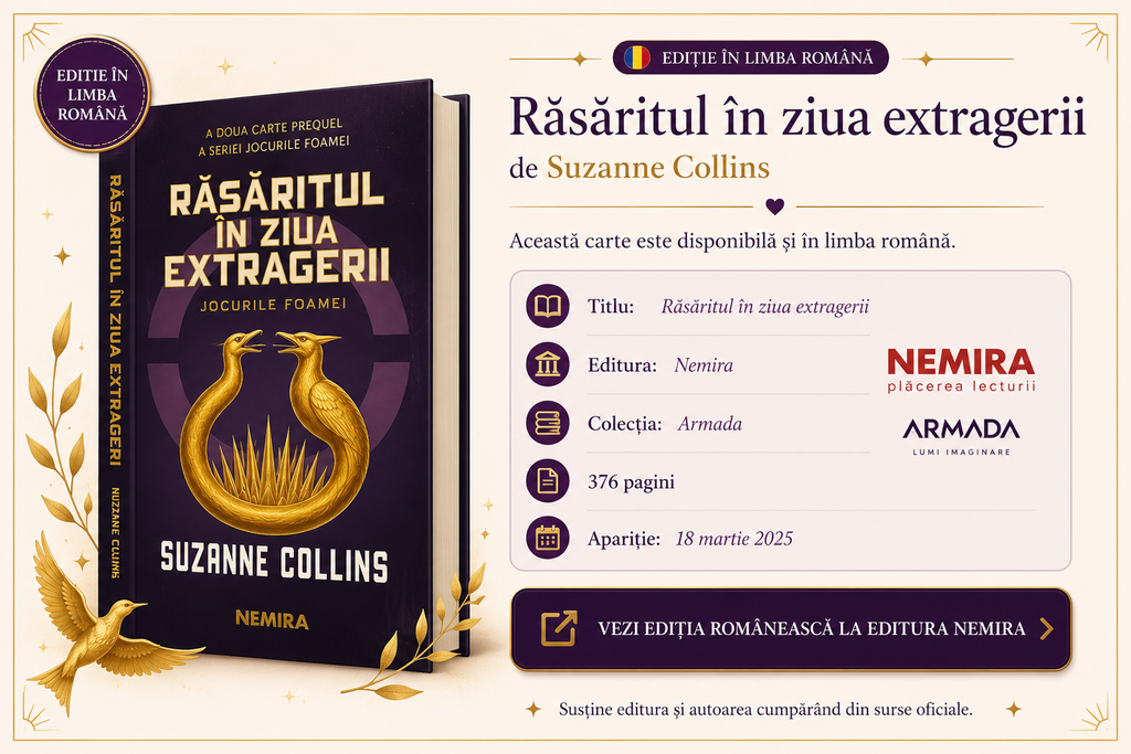 BookFairy Romanian Edition Card for Răsăritul în ziua extragerii by Suzanne Collins (Nemira Hardcover).